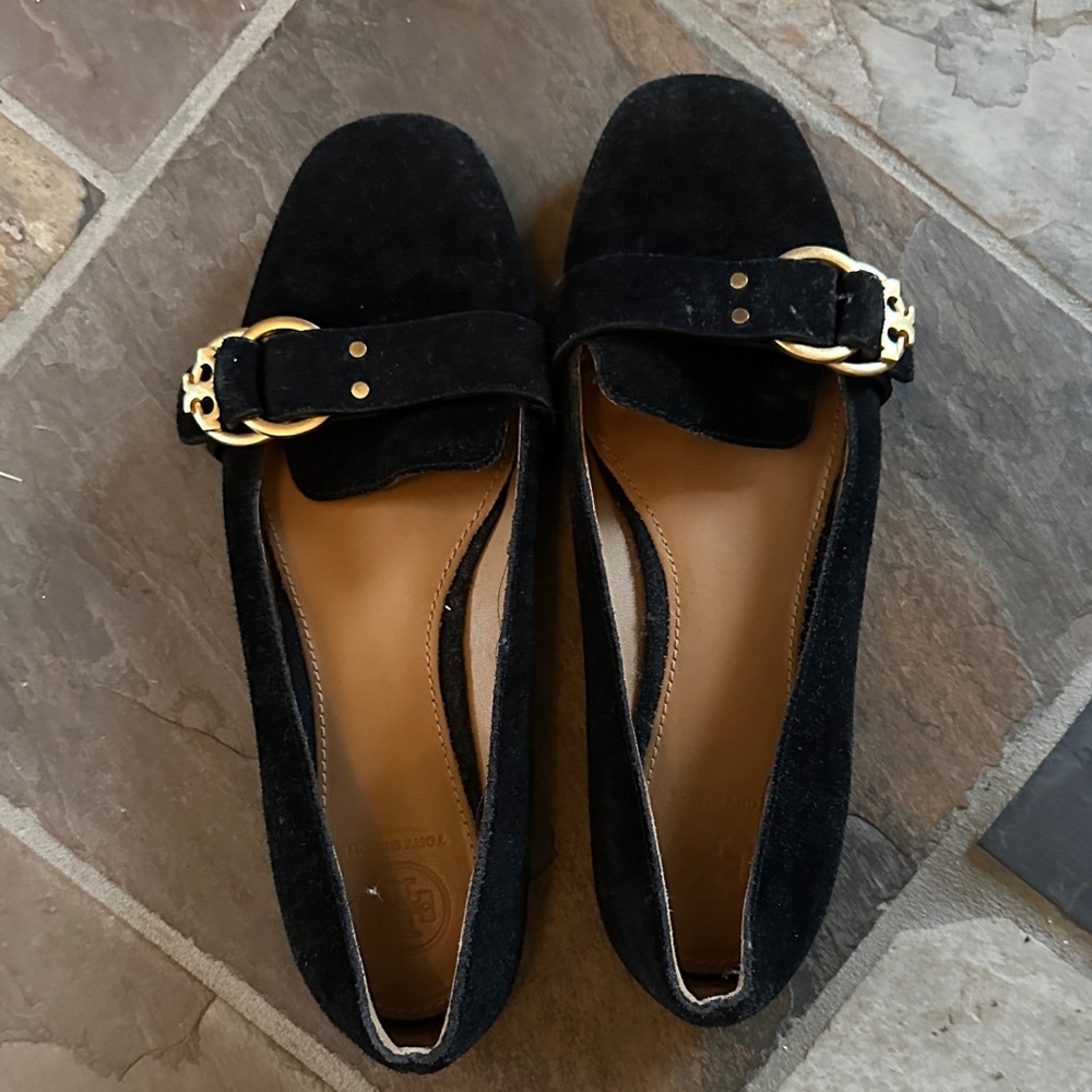 Tory Burch Black Suede Loafers with Gold Accent